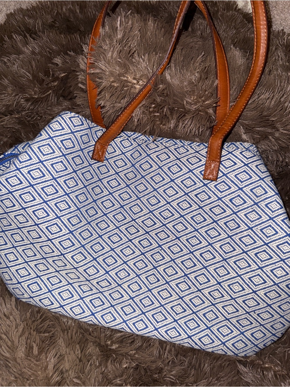 Street Level Blue Diamond-Print Tote with Brown Handles